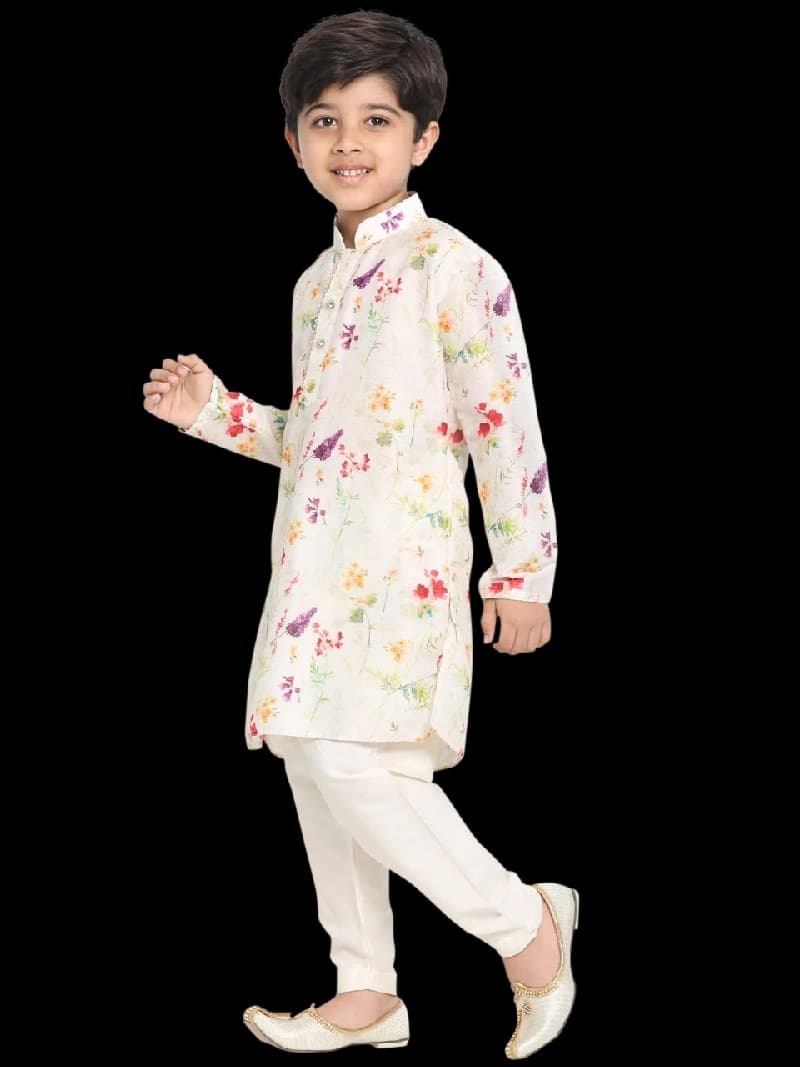 Boys Beige Festive Printed Full Sleeves Kurta with Pyjama