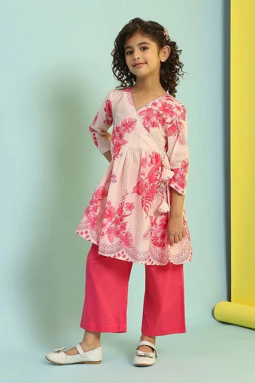 Girls Pink Festive Regular Fit Printed Kurta Set