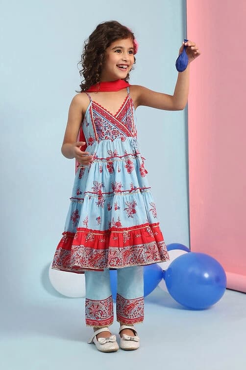 Girls Blue Festive Regular Fit Printed Suit Set