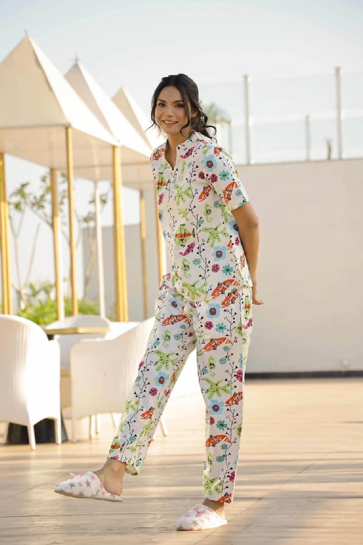 Women's White Casual Printed Pyjama Set
