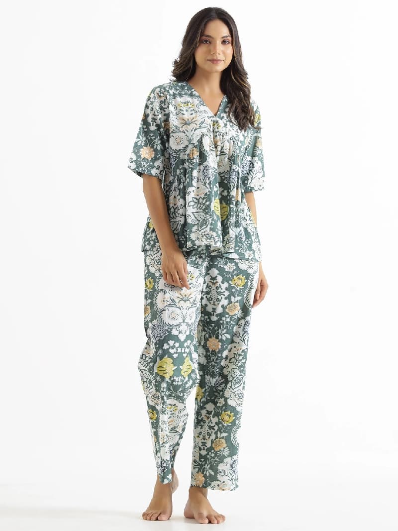 Women's Green Casual Printed Pyjama Set