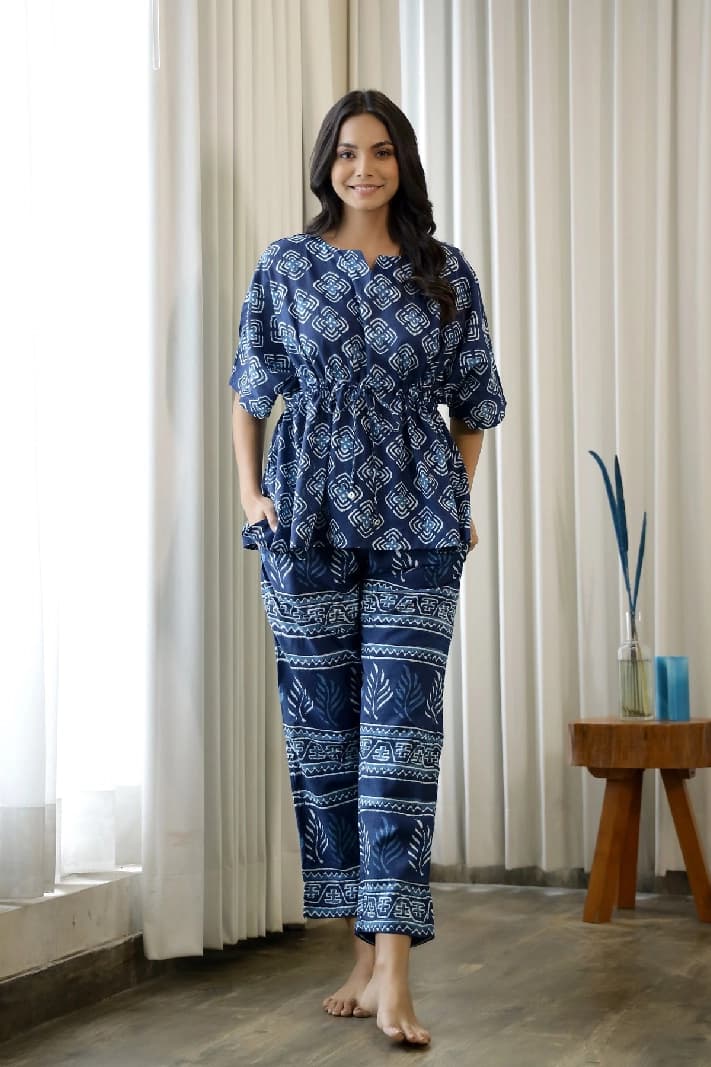 Women's Blue Casual Printed Pyjama Set