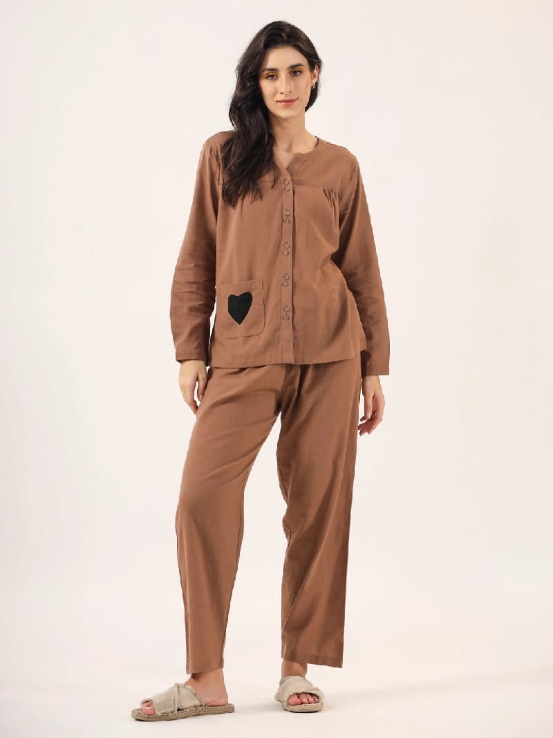 Women's Brown Casual Solid Pyjama Set