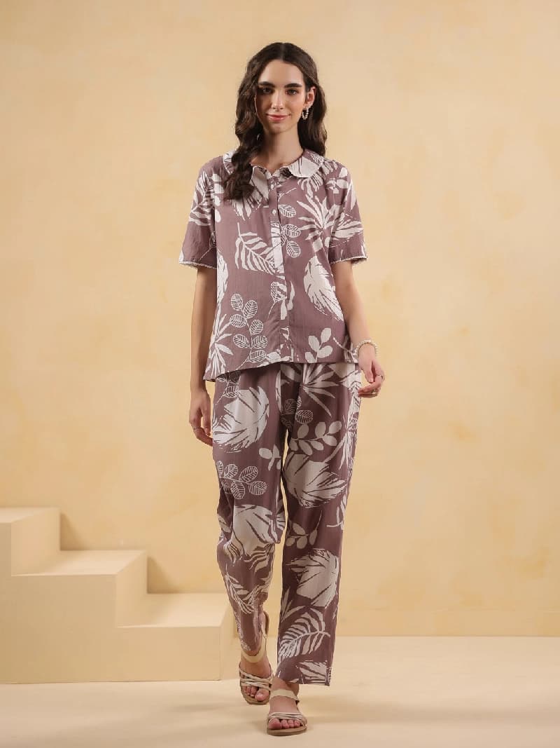 Women's Purple Casual Printed Pyjama Set