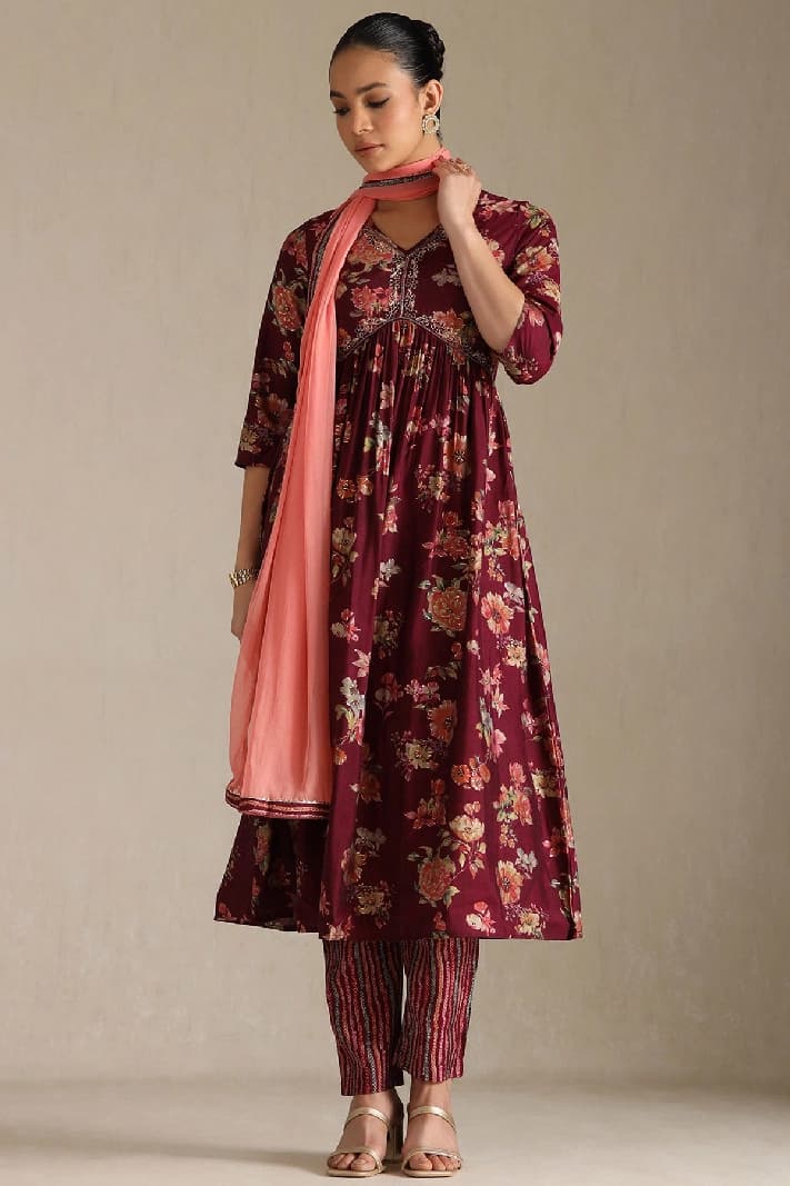 Women's Wine Viscose Blend Floral Print Suit Set With Beads