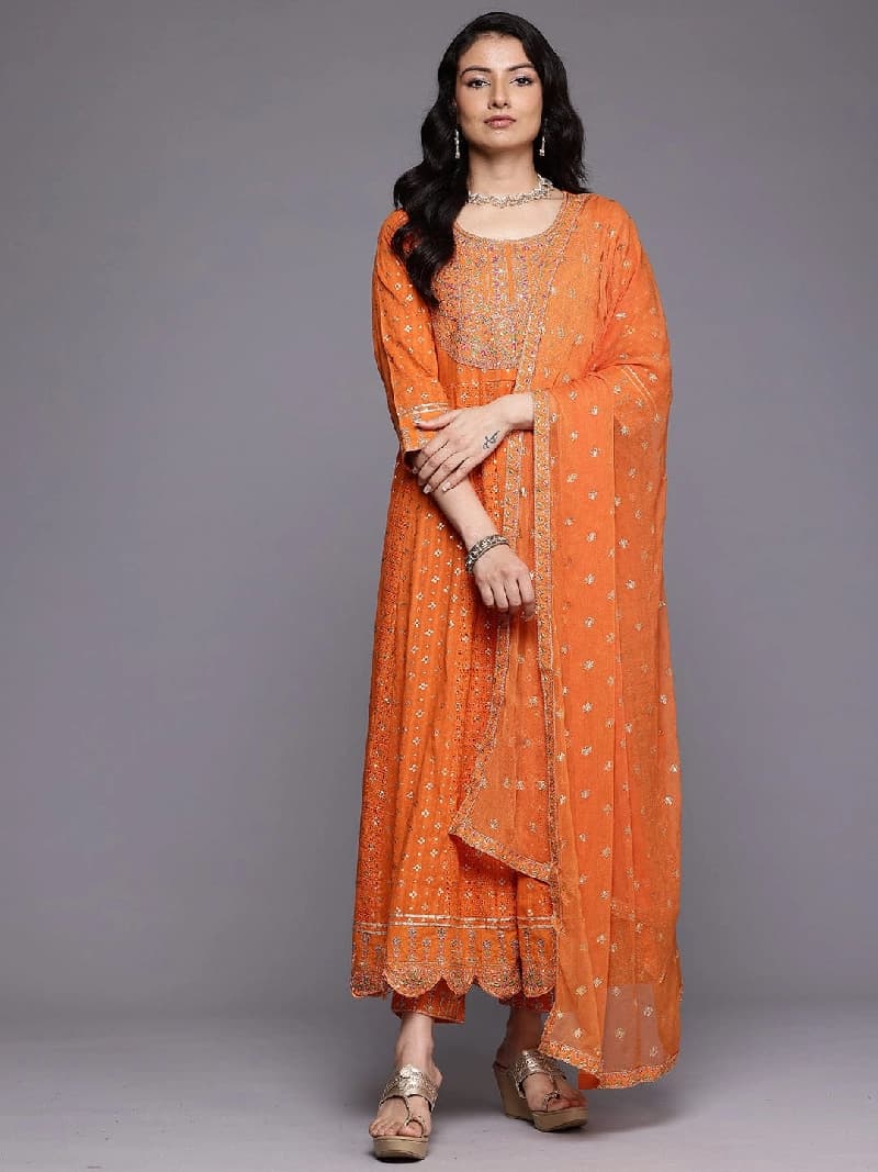 Women's Orange Mirror And Thread Embroidered, Zari Embellished Scalloped Schiffli Anarkali Kurta Paired With Printed Bottom And Embroidered Dupatta