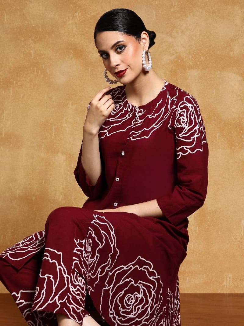 Women's Red Festive Printed Kurta Set