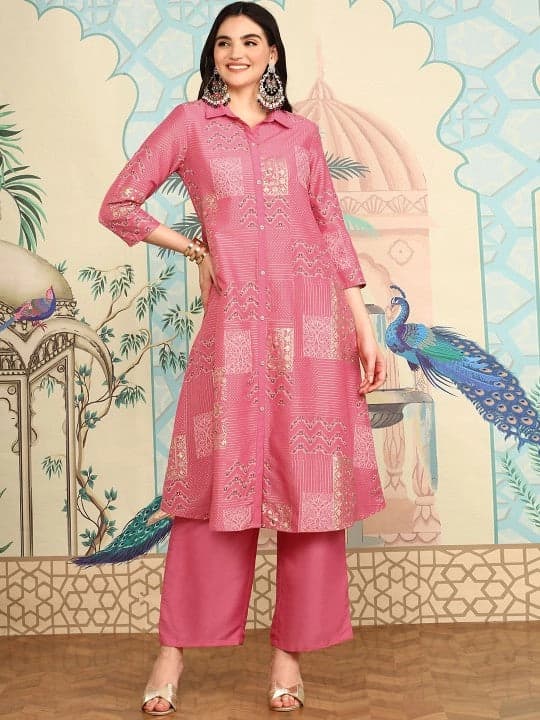 Women's Pink Casual Kurta Set