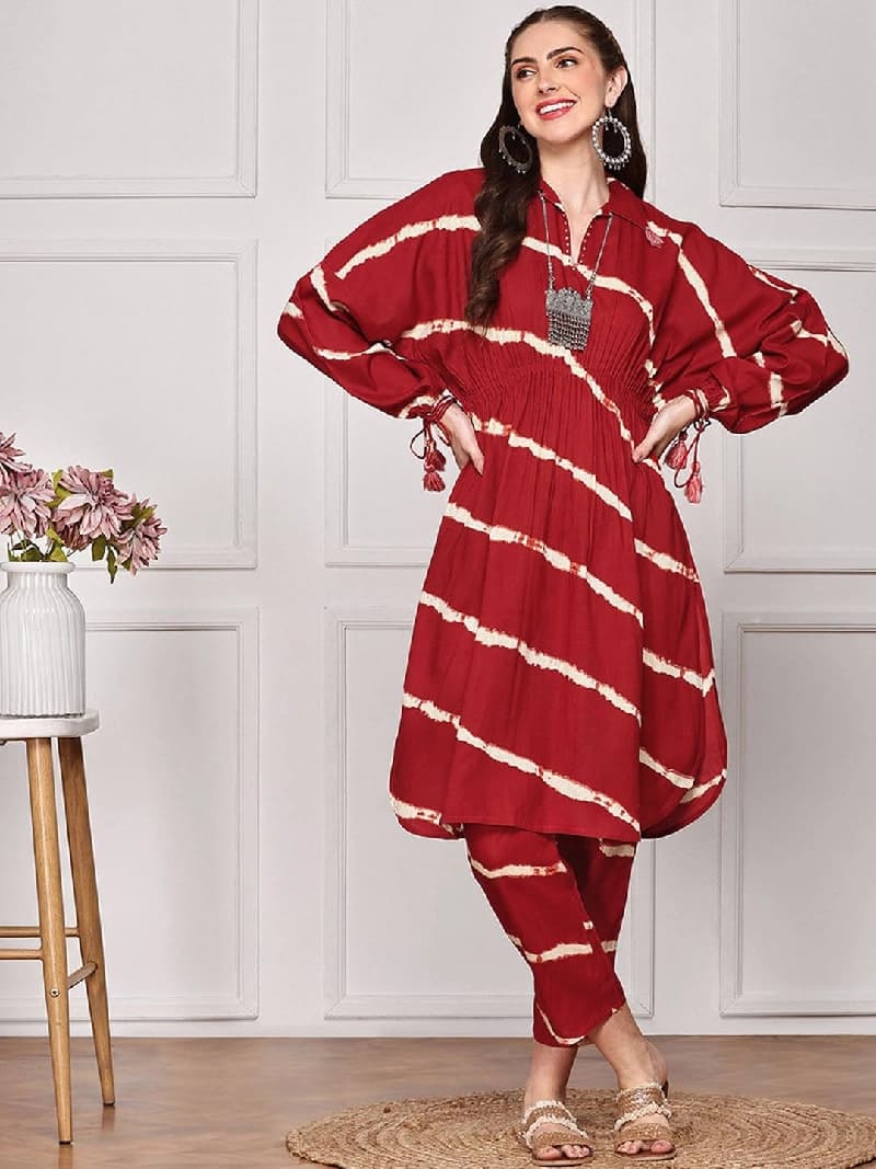 Women's Red Casual Kurta Set