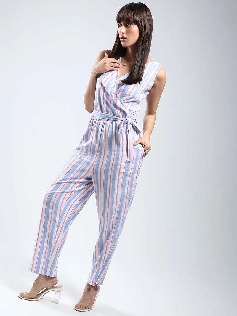 Women's White Casual Striped Jumpsuit