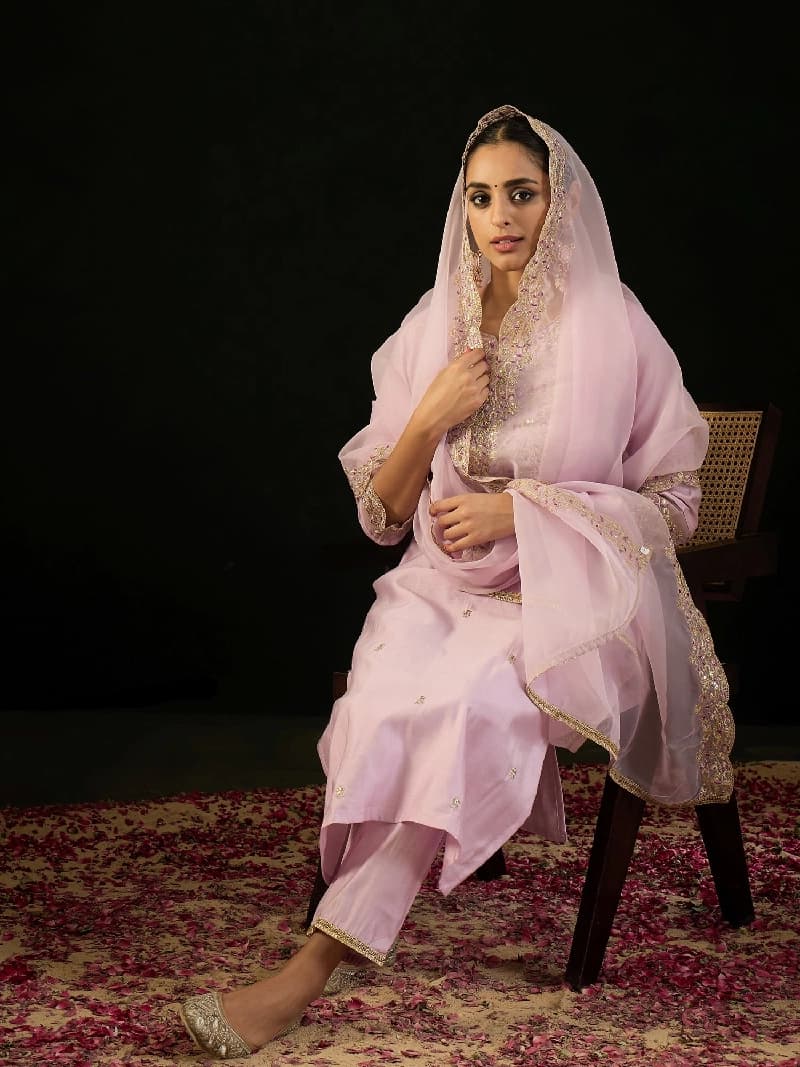 Women's Lavender Embroidered Straight Kurta Trouser with Dupatta set