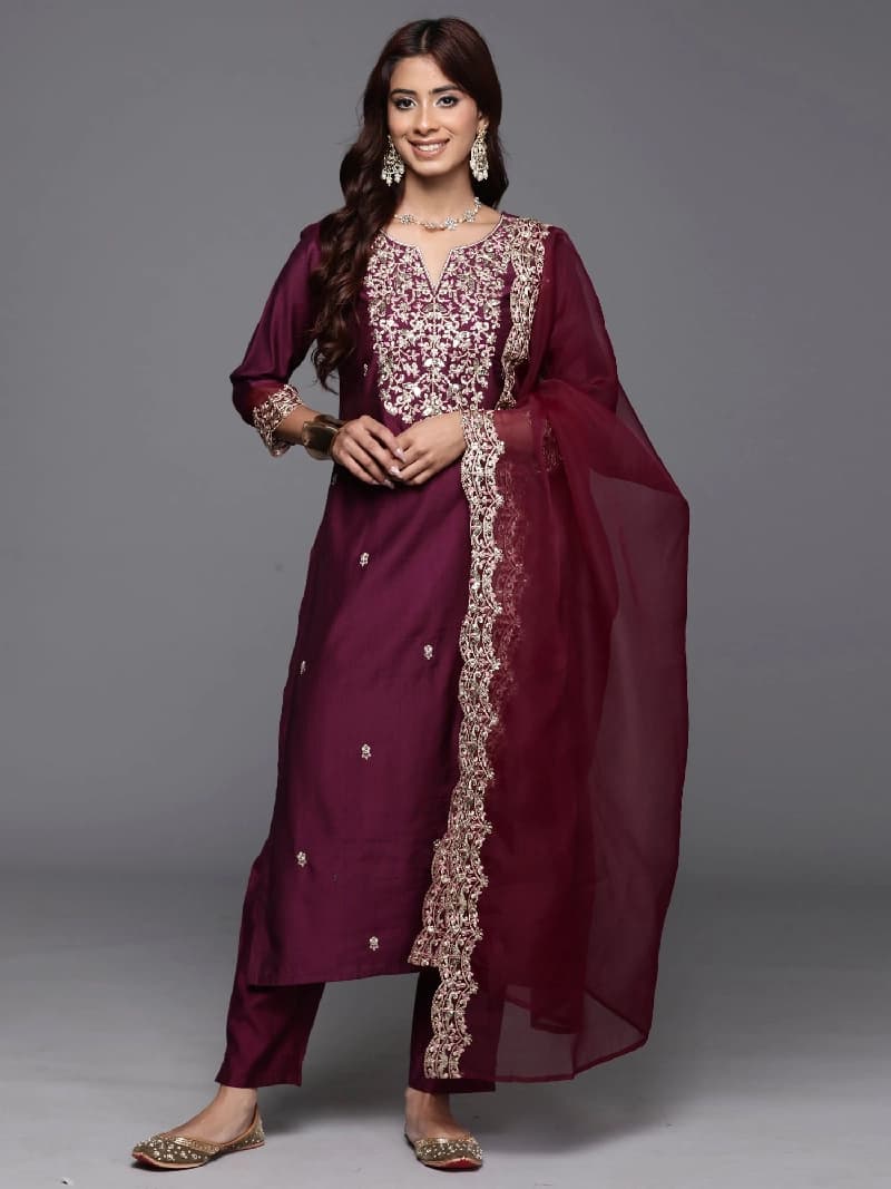 Women's Purple Embroidered Straight Kurta Trouser with Dupatta Set
