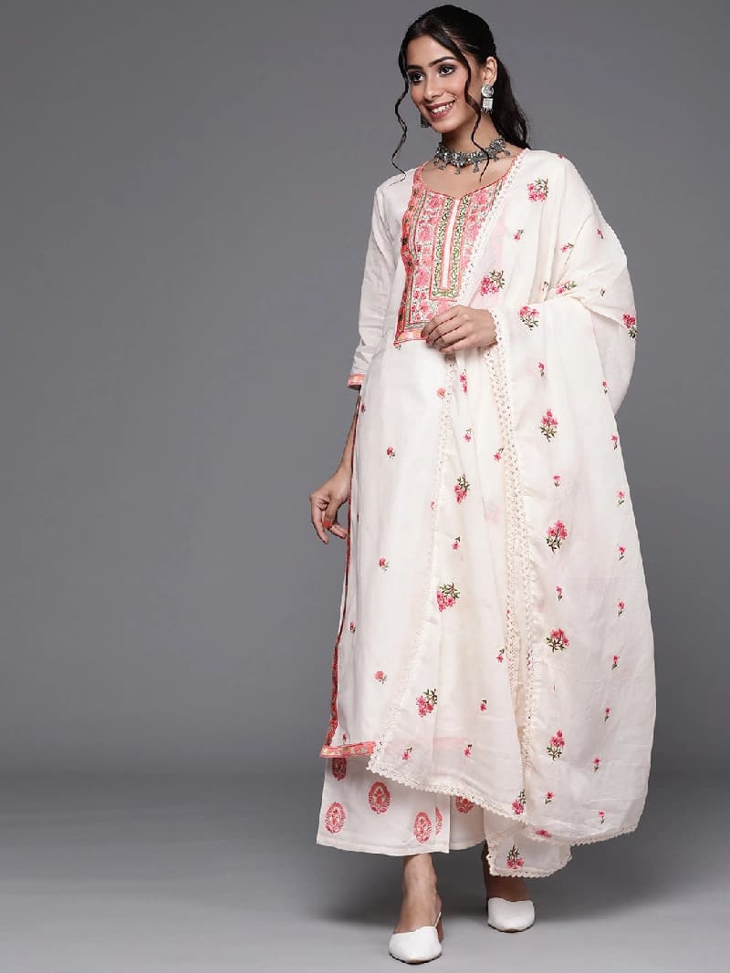 Women's White Casual Printed Kurta Set