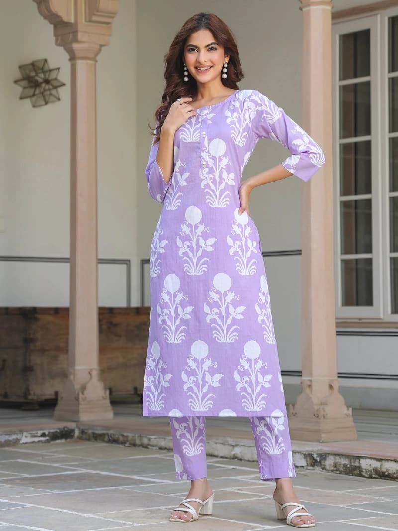 Women's Lavender Pure Cotton Floral Printed Straight Kurta Pant Set