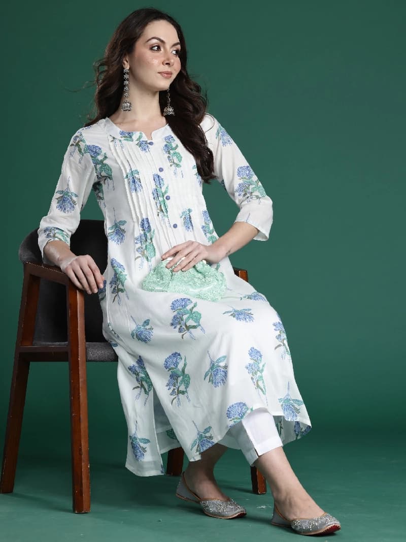 Women's White Casual Printed Kurta Set