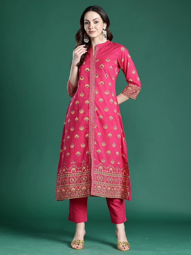 Women's Pink Printed Straight Kurta Trouser Set