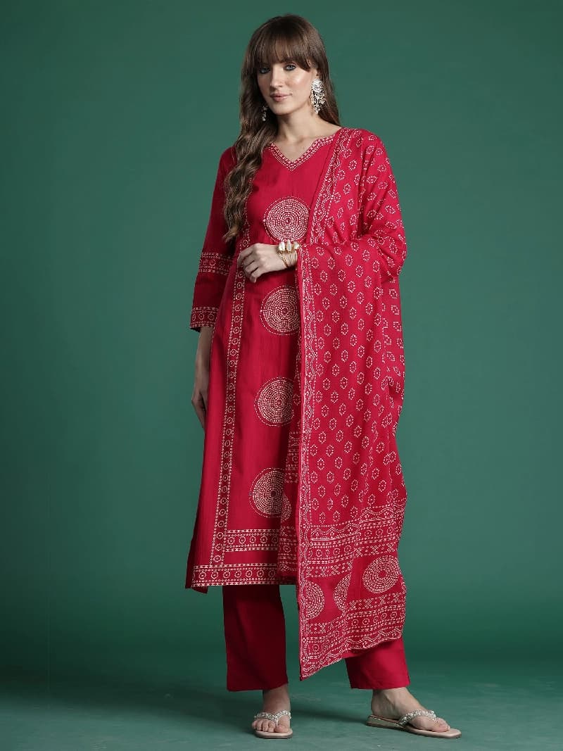 Women's Red Printed Straight Kurta Trouser with Dupatta Set