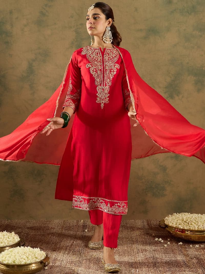 Women's Red Embroidered Straight Kurta Trouser with Dupatta Set