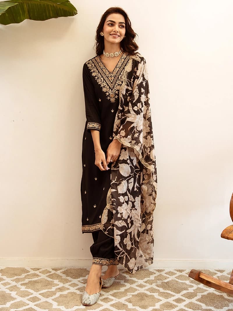 Women's Black Embroidered Straight Kurta Salwar with Dupatta Set