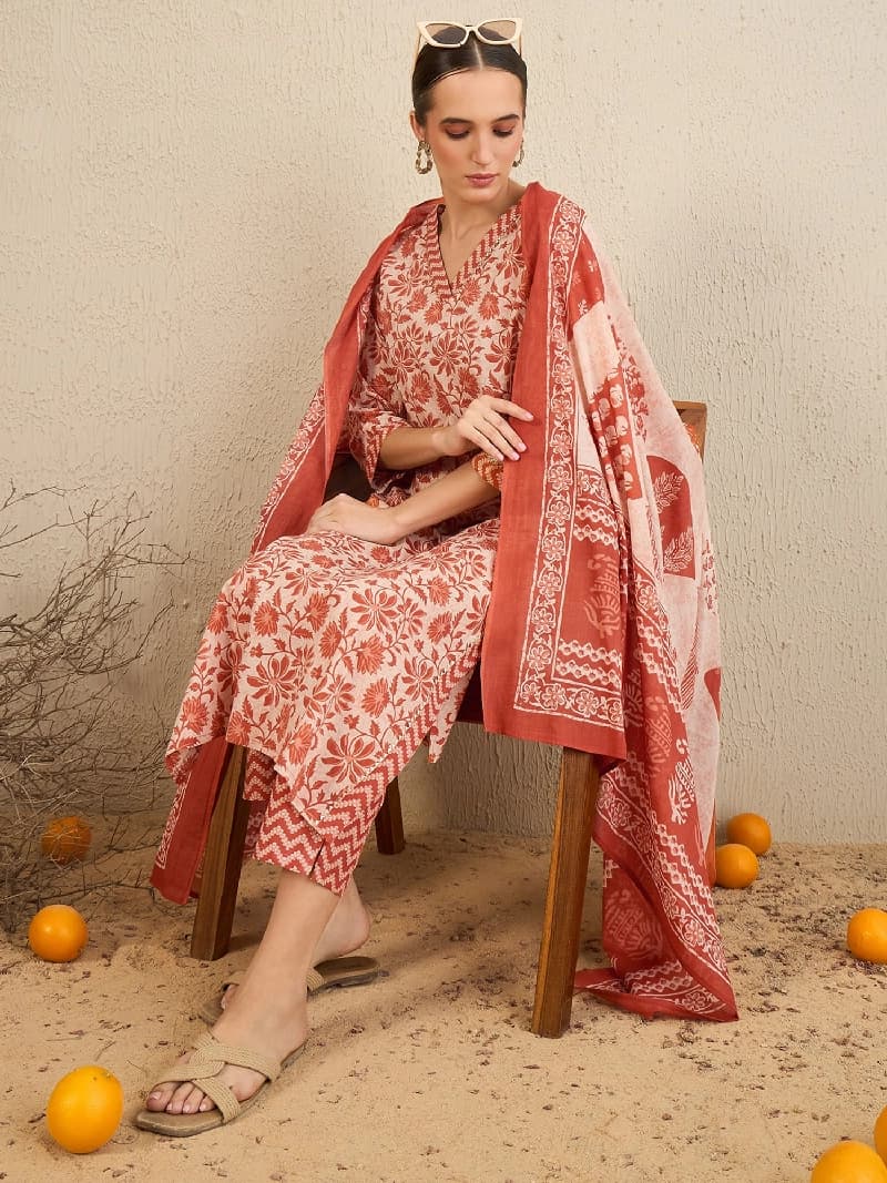 Women's Red Festive Printed Kurta Set
