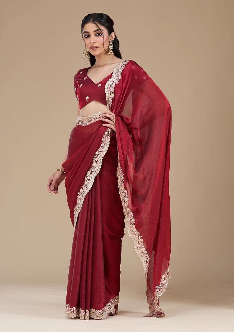 Women's Red Festive Regular Fit Saree