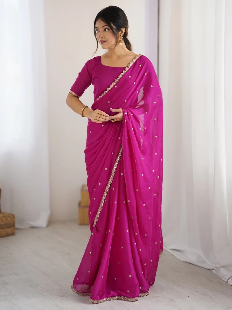 Women's Pure Georgette Pink Embellished Designer Saree With Blouse Piece