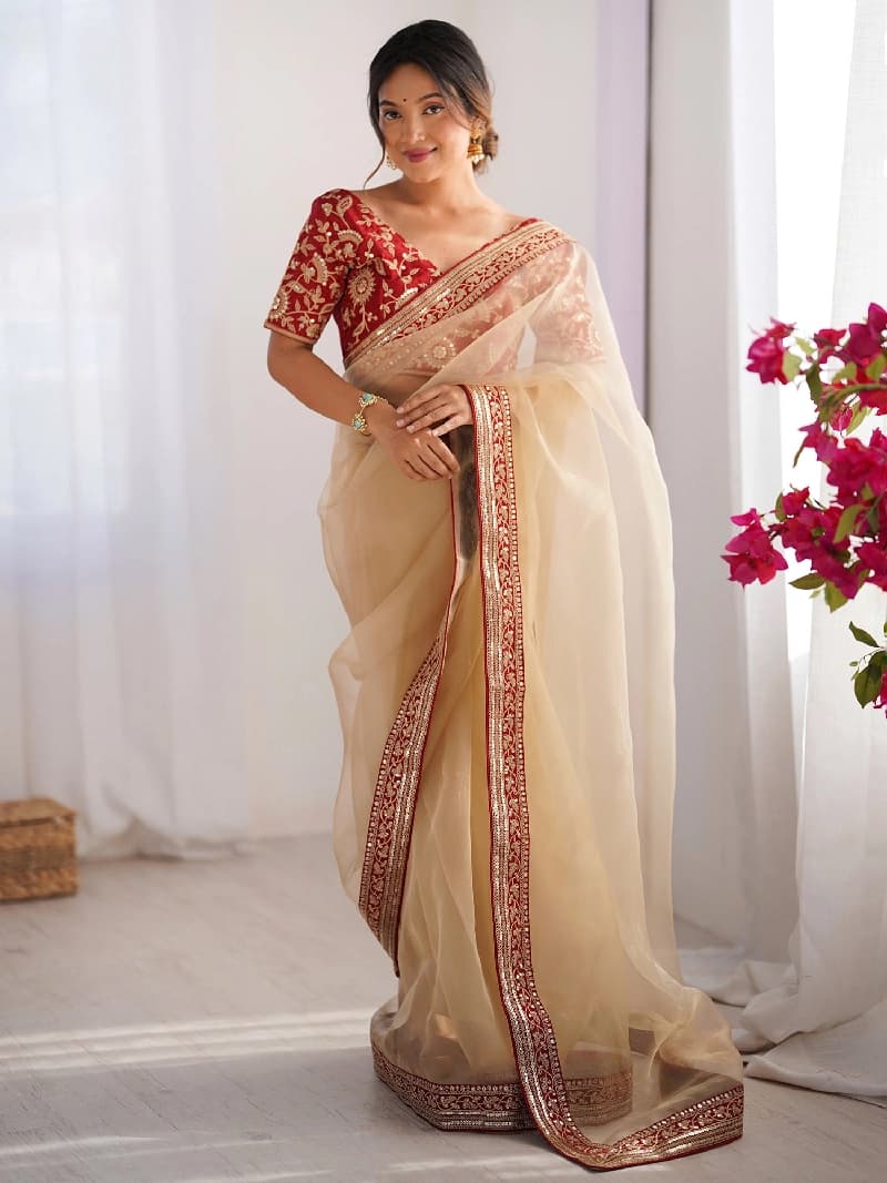Women's Cream Party Solid Regular Fit Saree