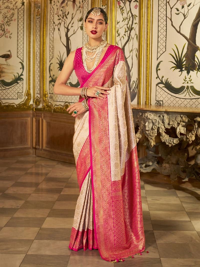 Women's Cream Party Printed Regular Fit Saree