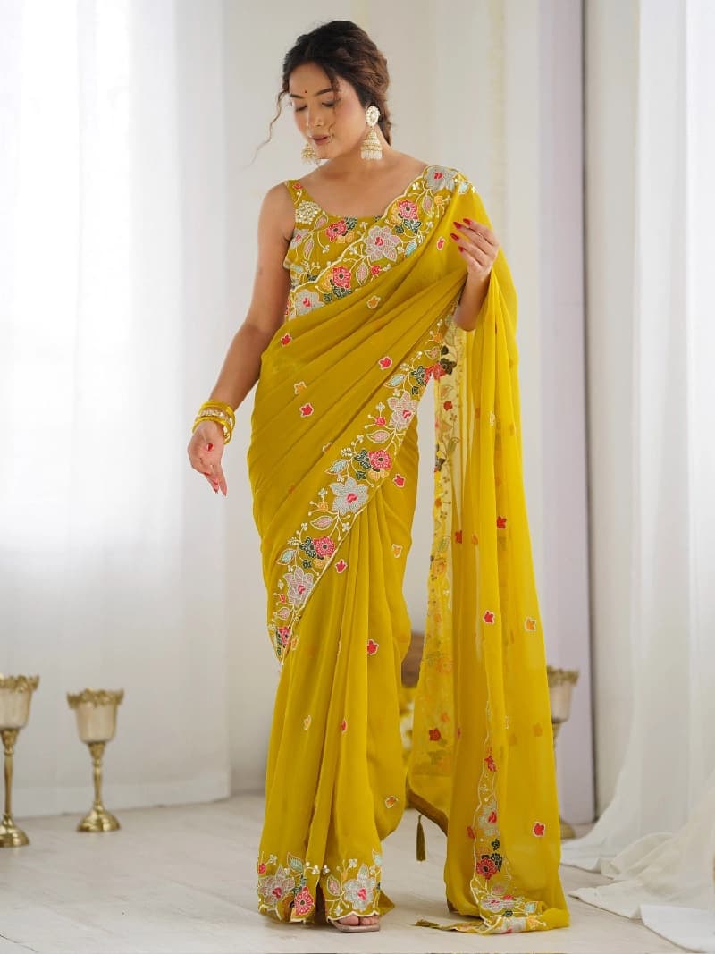 Women's Yellow Party Regular Fit Saree