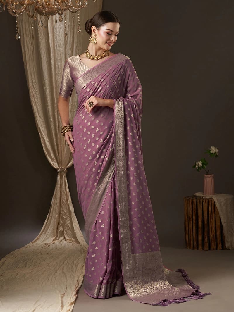 Women's Purple Party Printed Regular Fit Saree
