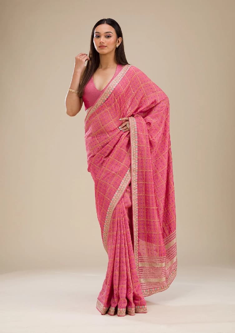 Women's Pink Festive Printed Regular Fit Saree