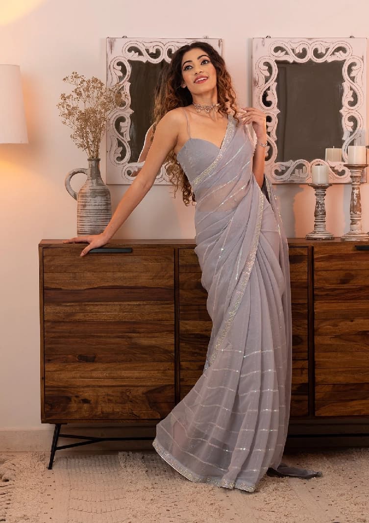 Women's Grey Festive Regular Fit Saree
