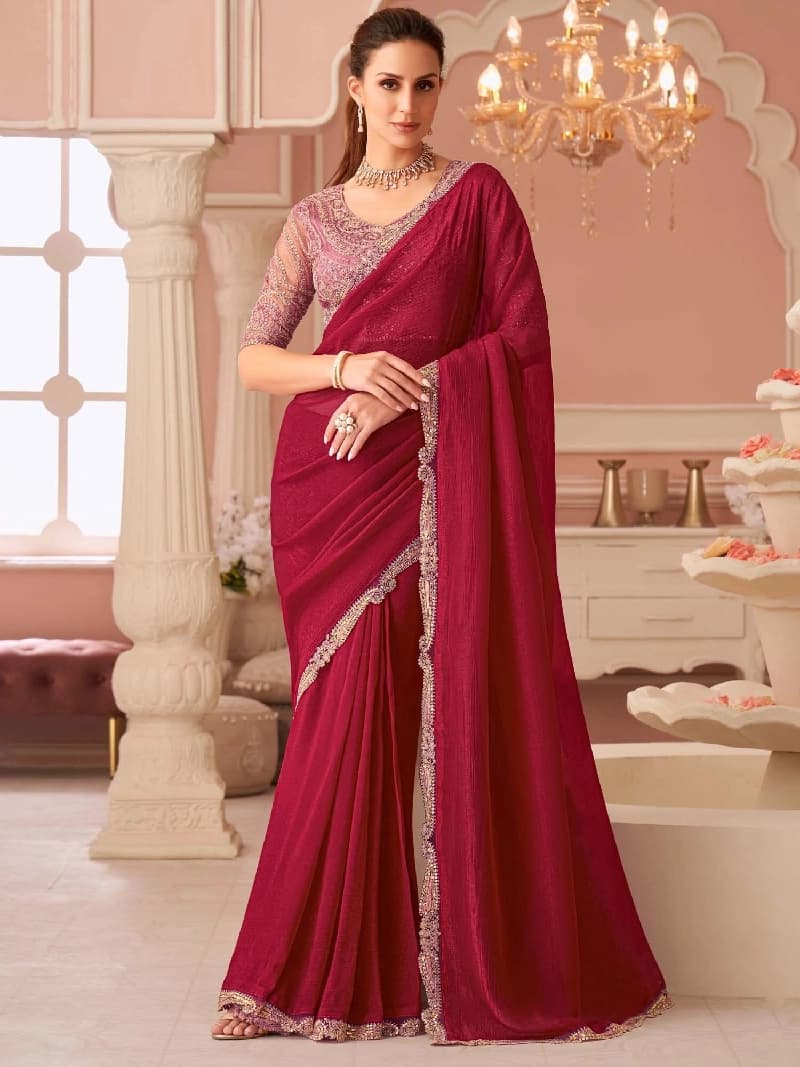 Women's Georgette Pink Embellished Designer Saree with Blouse Piece
