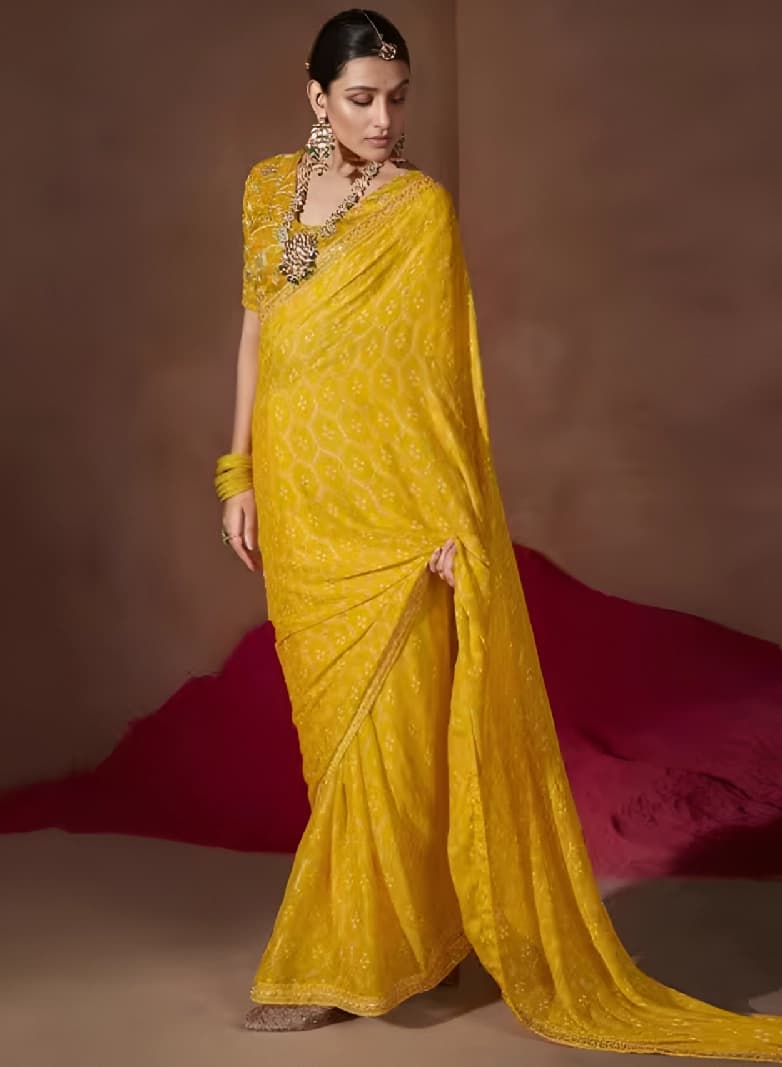 Women's Chiffon Yellow Embellished Designer Saree with Blouse Piece
