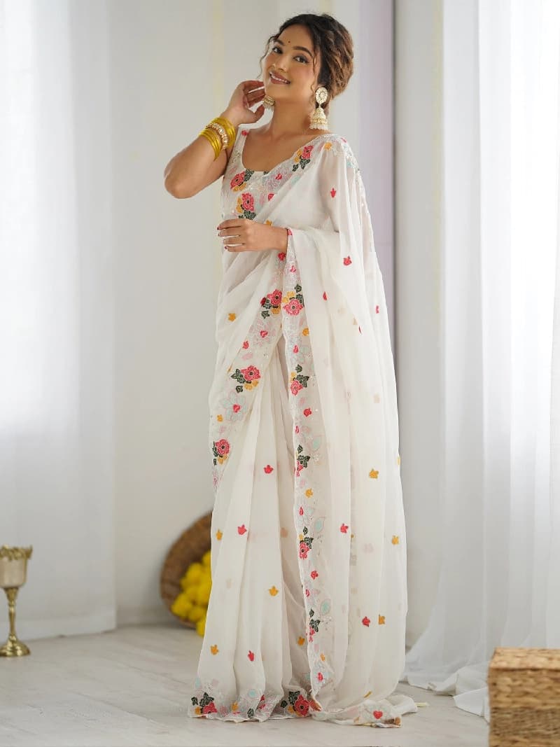 Women's White Party Regular Fit Saree