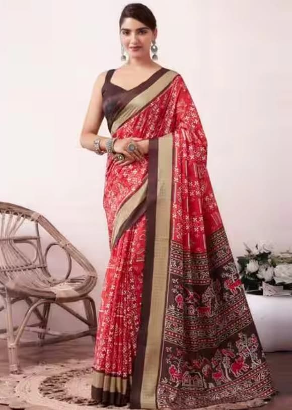 Women's Red Party Regular Fit Ready to Wear Saree