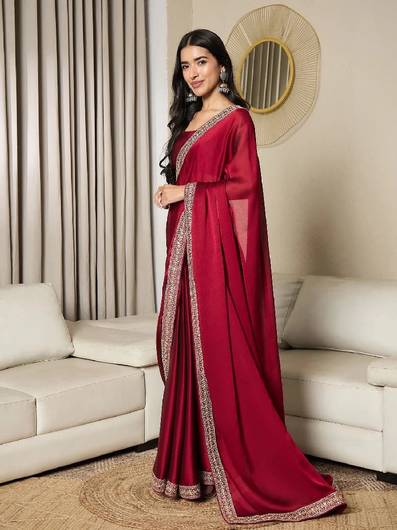 Women's Red Party Regular Fit Saree