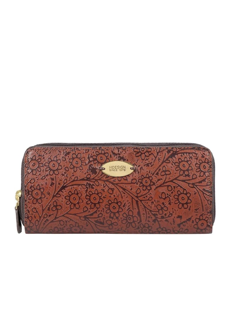 Women's Brown Leather Solid RFID Zip Around Wallet