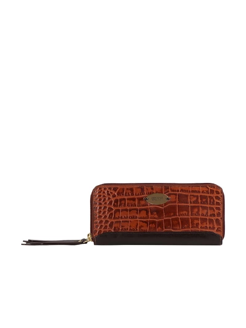 Women's Brown Leather Textured RFID Zip Around Wallet