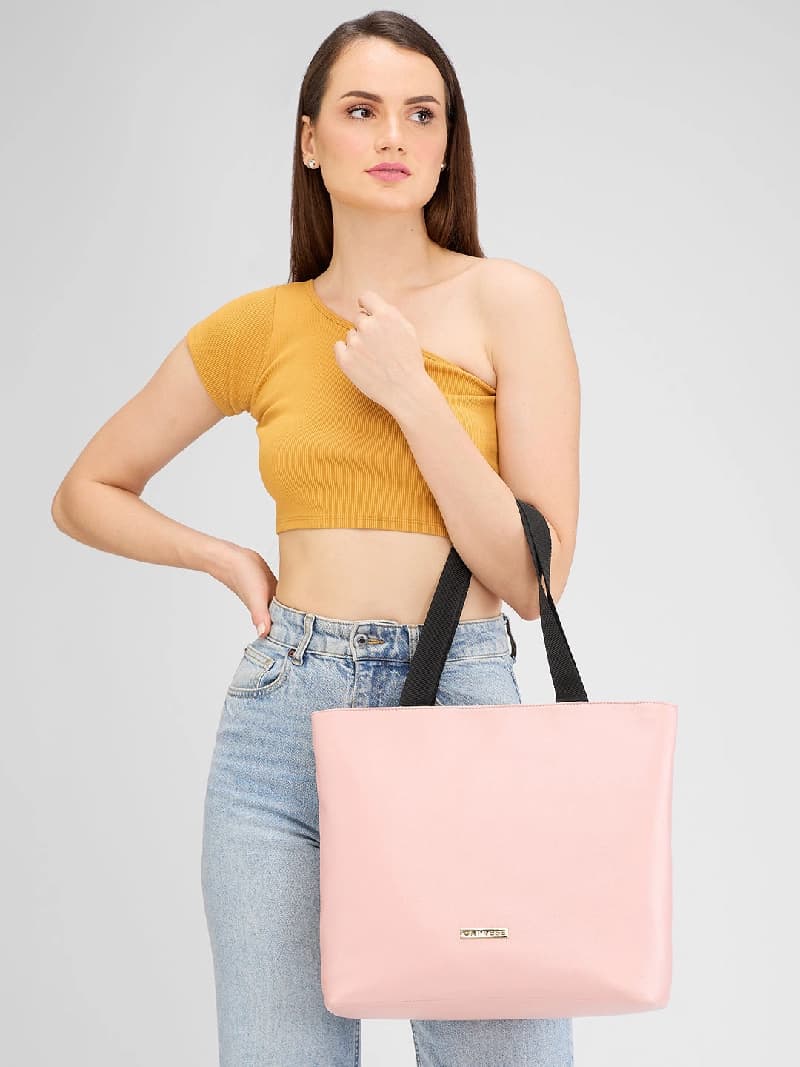 Women's Pink Black Faux Leather Tote Bag 16L