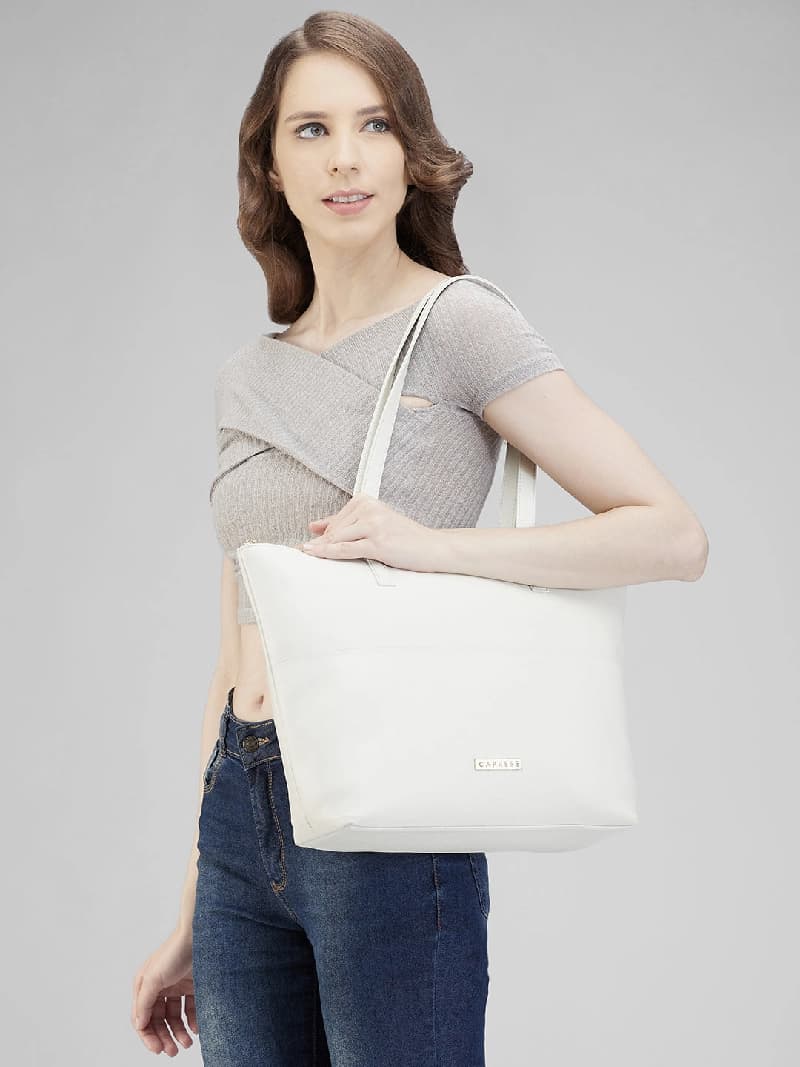 Women's Cream Faux Leather Tote Bag 16L