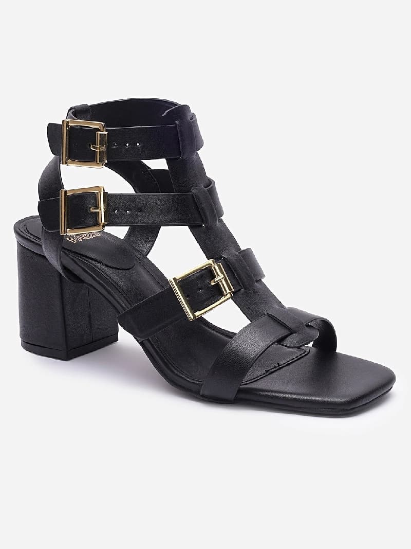 Women's Black Casual Leather Ankle Strap Sandals