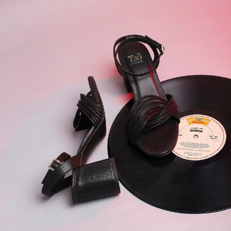 Women's Black Casual PU Ankle Strap Sandals