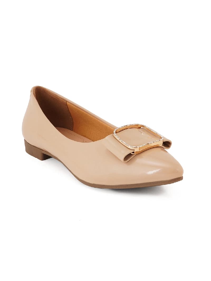 Women's Tan Bow-Detail Embellished Ballerinas Flats