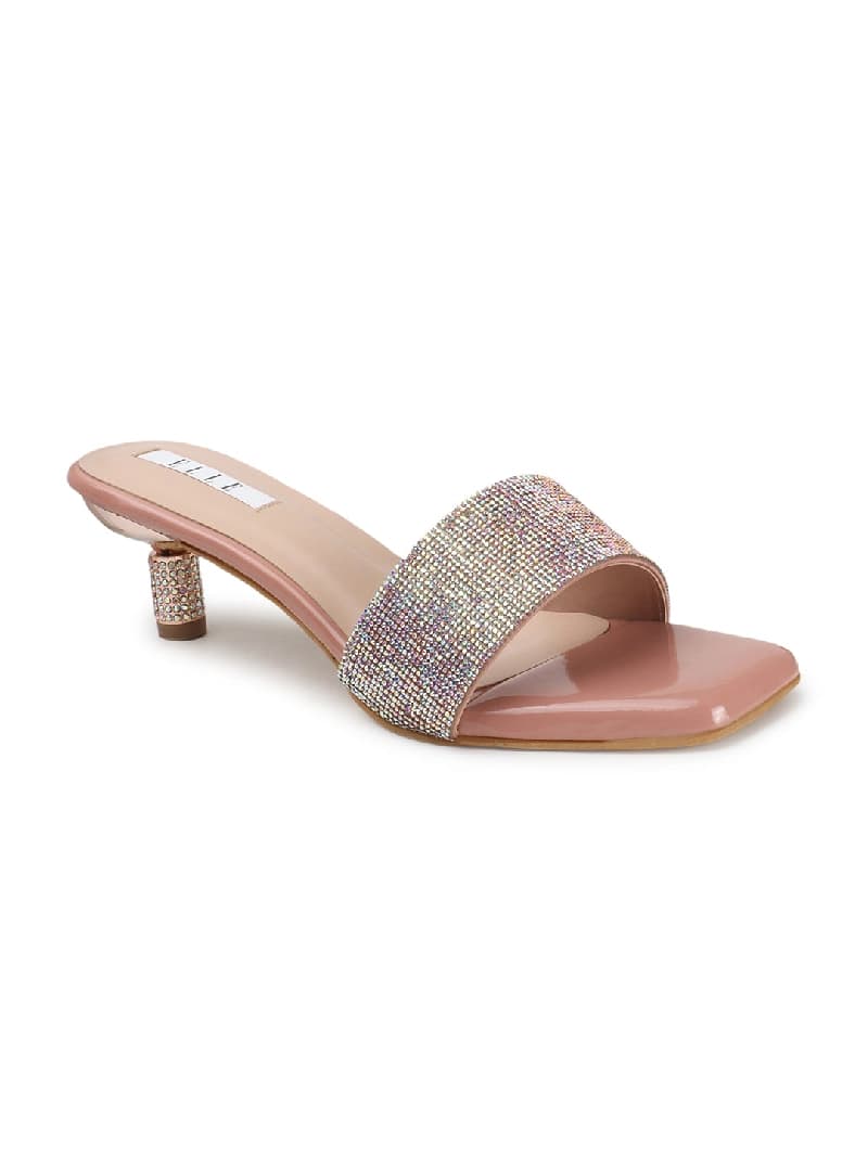 Women's Pink Rhinestone-Covered Strap Embellished Kitten Heel Sandals