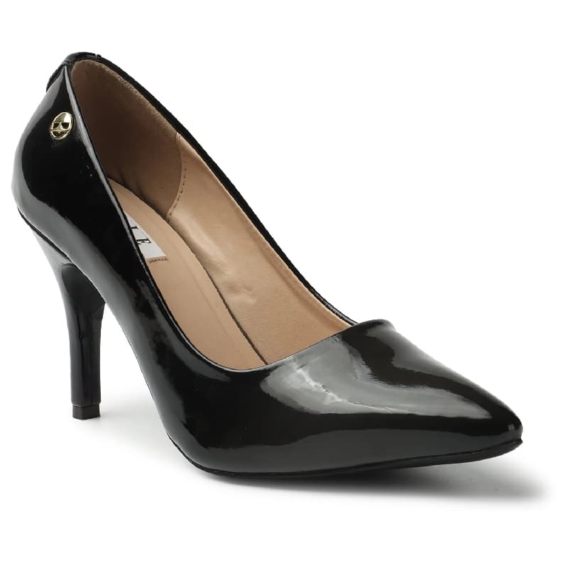 Women's Black Pointed Toe Glossy Pumps with Stiletto Heel