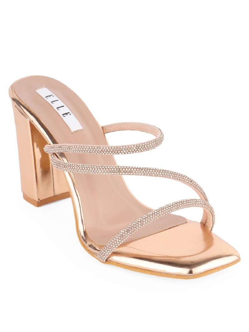 Women's Rose Gold Embellished Strap Block Heel Sandals