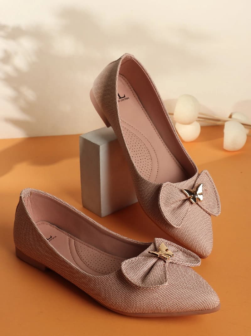Women's Pink Pointed Toe Textured Ballet Flats with Bows