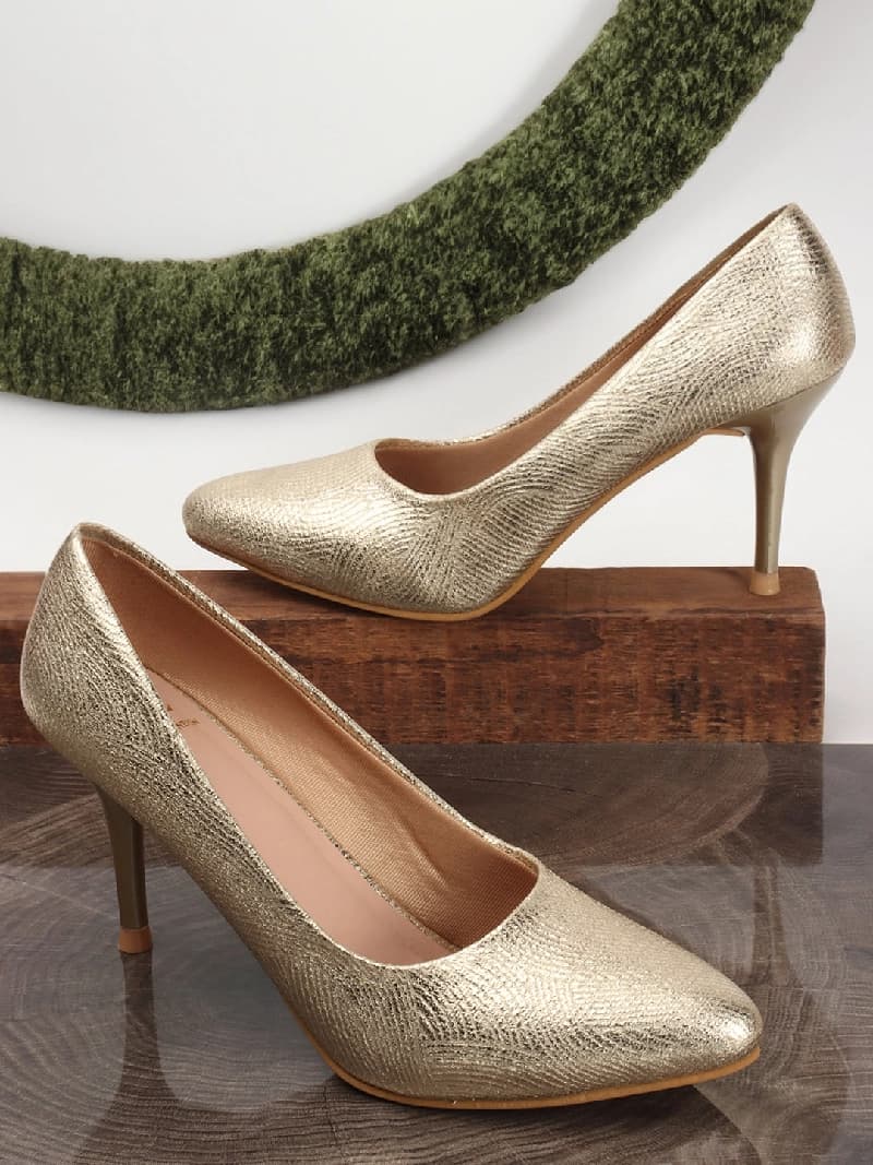 Women's Gold Textured Pointed Toe Stiletto Pump Heel Block