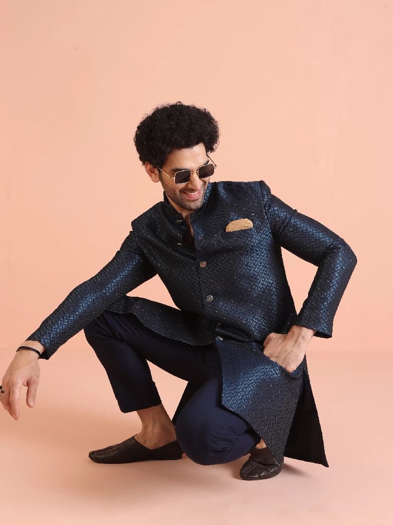 Men's Blue Festive Regular Fit Sherwani Set